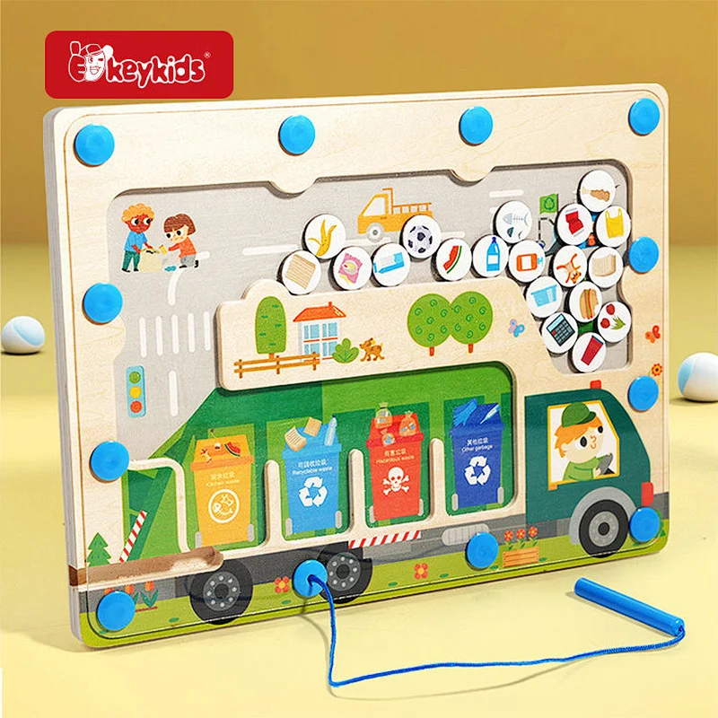 Montessori Magnetic Garbage Classification Wooden Puzzle Activity Board for Children W11H120